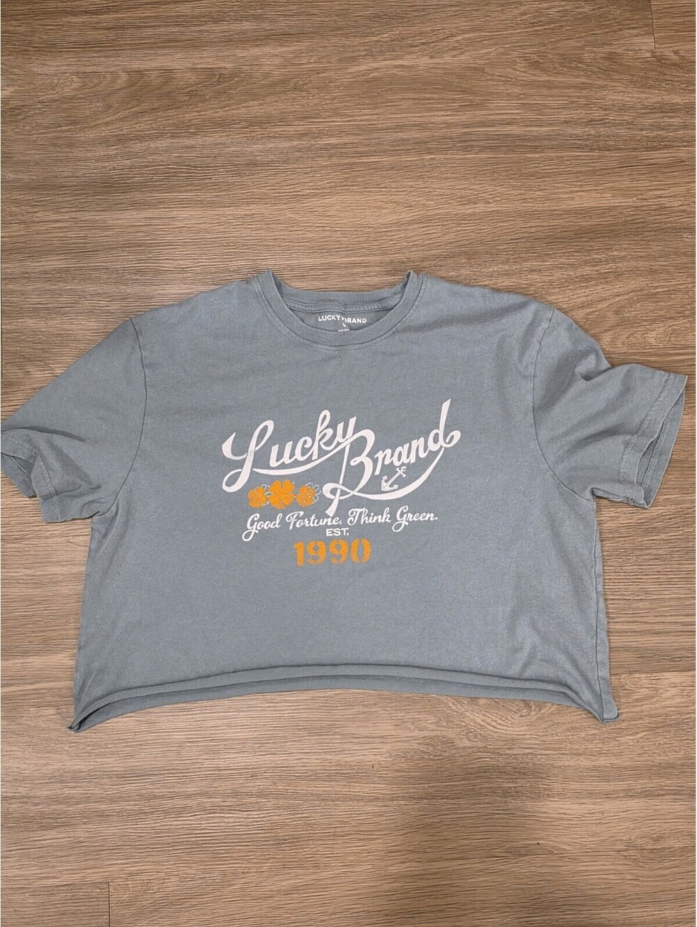 Lucky Brand Large Cropped Sage Green Good Fortune 1990 Graphic T-Shirt